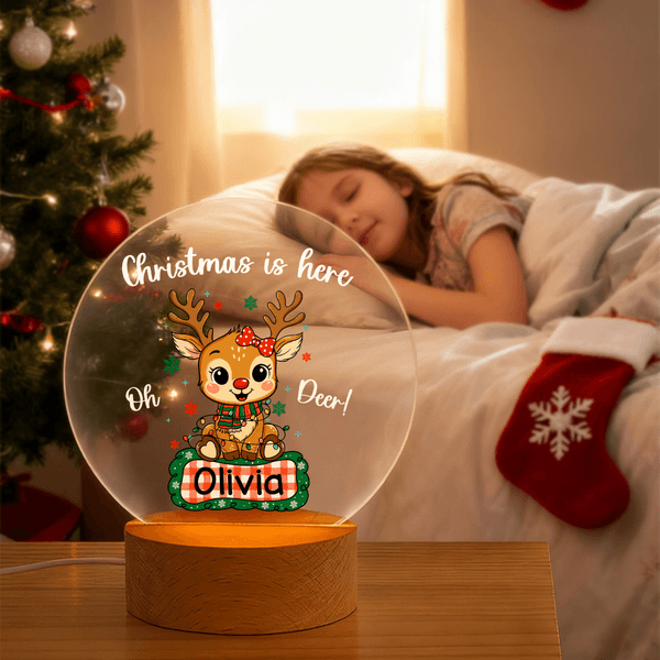 Personalised Cute Christmas Deer LED Night Light with Wooden Base and Name Nursery Decor Birthday Holiday Gift for Kids