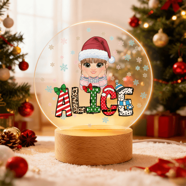 Personalised Christmas Cartoon Character Kid Acrylic LED Night Light with Name and Wooden Base Home Decor Christmas Gift for Boys Girls