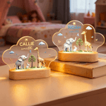 Gepersonaliseerd Schattig Olifant Konijn Giraf Wolk Stijl Acryl LED Nachtlampje met Naam Tekst en Houten Base Nursery Decor Verjaardagscadeau voor kinderen