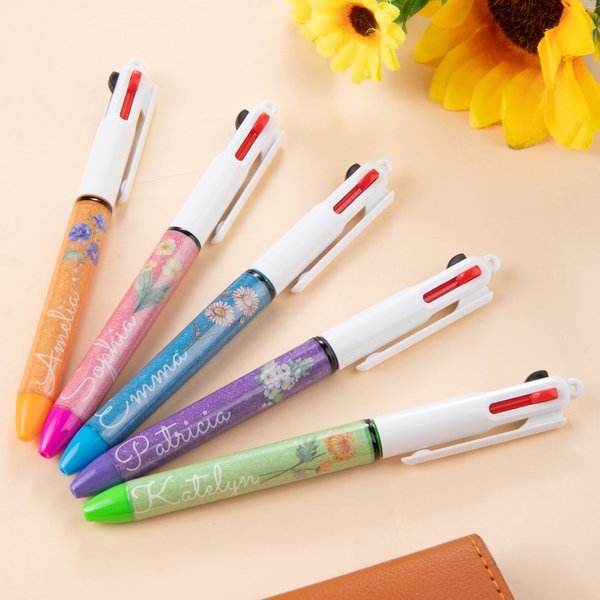 Stylo Bille Rétractable Pailleté 3 en 1 Personnalisé avec Nom Fleur de Naissance Cadeau Anniversaire pour Infirmières Enseignants