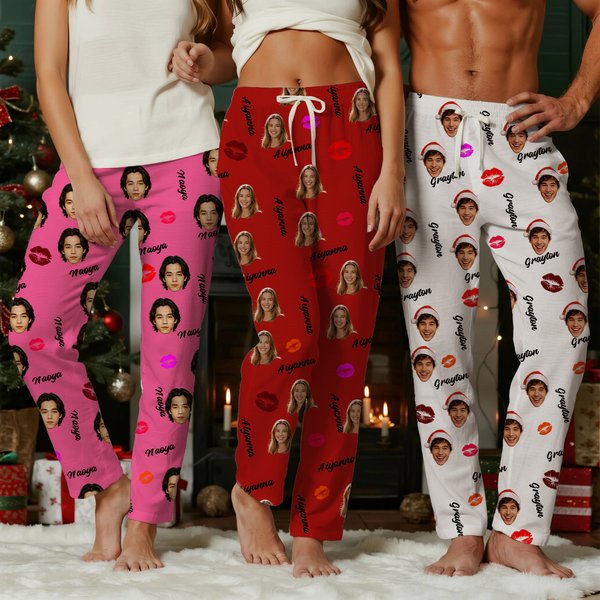 Personalised Face Photo Soft Skin-Friendly Pyjama Pants with Name and Drawstring Waistband Halloween Christmas Birthday Gift for Family Friends