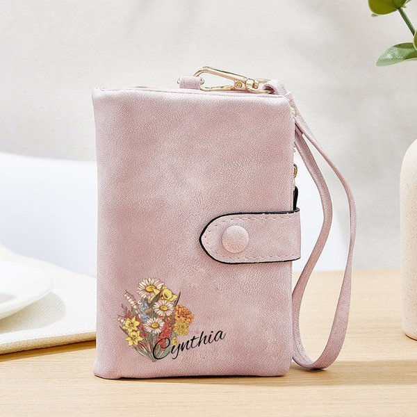 Personalizada Nacimiento Flor Bouquet Tri-Folded Cartera de cuero Cumpleaños Día de la Madre Regalo de Navidad para mamá abuela