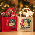Spersonalizowana torba na zakupy Joy To the World My First Christmas Cartoon Baby Design Duża jutowa torba na zakupy z tekstem Prezent świąteczny dla rodziny Noworodek