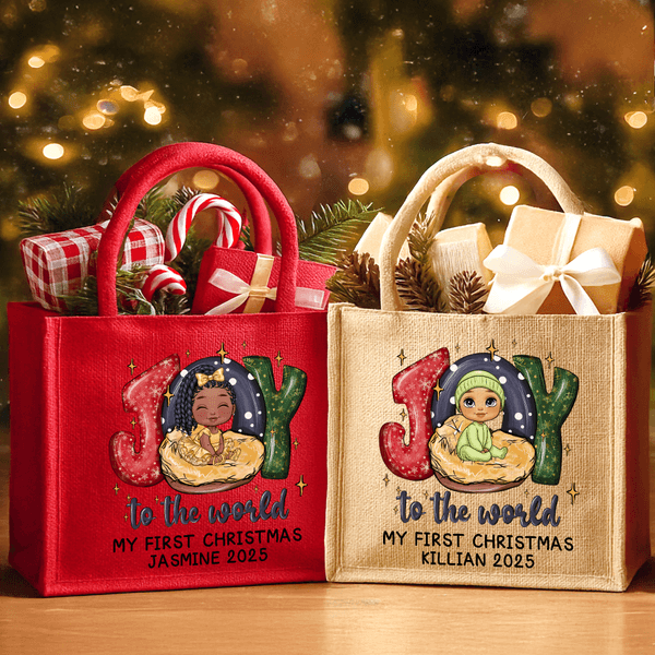 Spersonalizowana torba na zakupy Joy To the World My First Christmas Cartoon Baby Design Duża jutowa torba na zakupy z tekstem Prezent świąteczny dla rodziny Noworodek