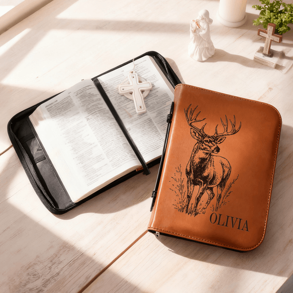 Personalizzato Buck Deer Name Copertina del libro della Bibbia in pelle PU con cerniera e maniglia per il trasporto Regalo per il giorno del battesimo religioso per i cristiani Preghiere