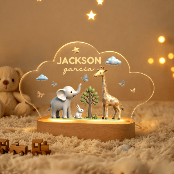 Personalisierte niedlichen Elefanten Kaninchen Giraffe Wolke Stil Acryl LED-Nachtlicht mit Namen Text und hölzerne Basis Kinderzimmer Dekoration Geburtstagsgeschenk für Kinder