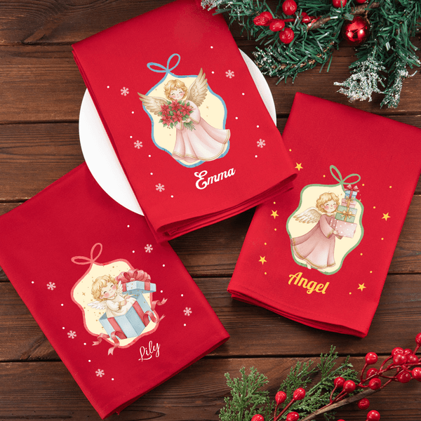 Personalized Watercolor Christmas Angel 100% Cotton Reusable Cloth Napkin with Name Festive Dining Decor Christmas Gift for Family Friends
