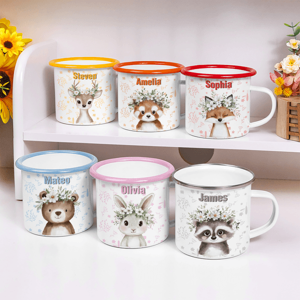 Personalized Cartoon Wreath Deer Bear Animals 12 oz Coloured Rim Enamel Mug with Name Daily Use Christmas Birthday Gift for Boys and Girls
