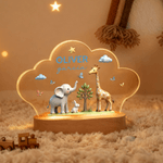 Gepersonaliseerd Schattig Olifant Konijn Giraf Wolk Stijl Acryl LED Nachtlampje met Naam Tekst en Houten Base Nursery Decor Verjaardagscadeau voor kinderen