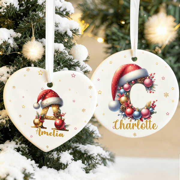 Personalized Santa Hat Initial Ceramic Christmas Ornament with Name Home Decor Christmas Gift for Family Friends