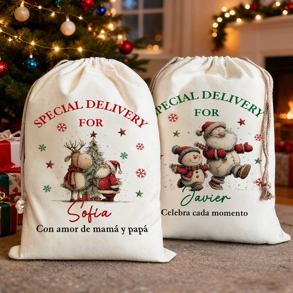 Bolsa de regalo navideña personalizada de lona con diseño de Papá Noel muñeco de nieve y nombre regalo de Navidad para niños y familia