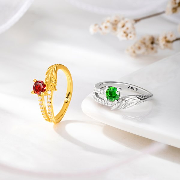 Anillo personalizado de plumas de piedra de nacimiento con texto Joyería delicada Uso diario Cumpleaños Aniversario Regalo para Niña Novia Mujer