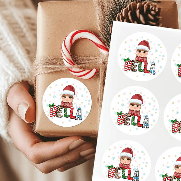 Personalized Cartoon Character Christmas Hat Waterproof Stickers with Name Christmas Festival Party Gift for Boys Girls