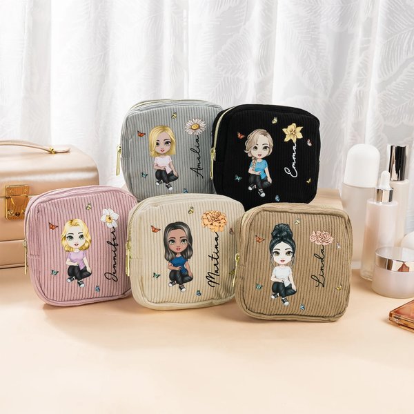 Borsa portaoggetti in velluto a coste personalizzata con nome personaggio e fiore regalo pratico per donne