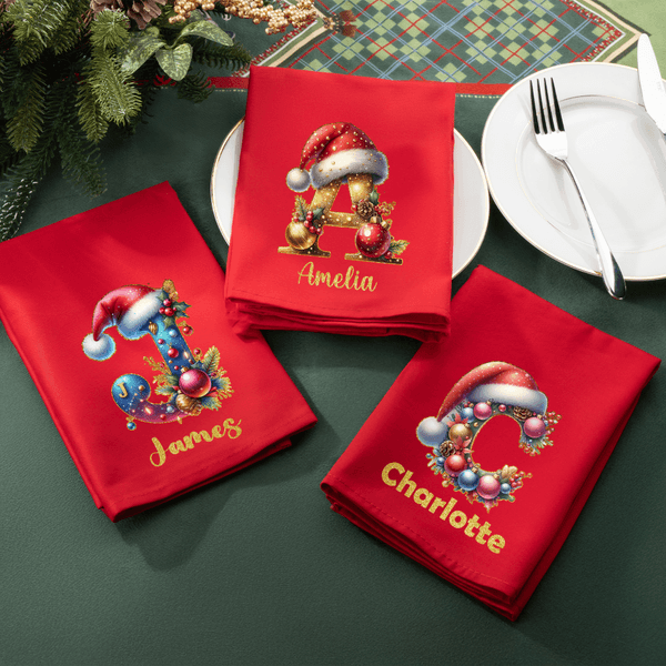 Personalized Santa Hat 100% Cotton Red Napkin with Name and Initial Party Table Decor Christmas Gift for Family Friends
