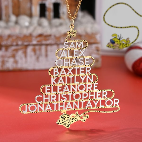 Collana personalizzata a forma di albero di Natale a coda lunga di Marsupilami con nomi Regalo di Natale per donne ragazze | Callie × Marsupilami®