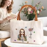 Sac Cabas en Toile Personnalisé avec Personnage de Lecture Dessin Animé Fleur de Naissance et Nom Cadeau d’Anniversaire pour Femmes Filles