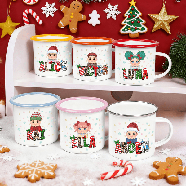 Personalized Christmas Cartoon Character Kid 12 oz Coloured Rim Enamel Mug with Name Christmas Gift for Boys and Girls