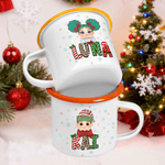 Personalized Christmas Cartoon Character Kid 12 oz Coloured Rim Enamel Mug with Name Christmas Gift for Boys and Girls