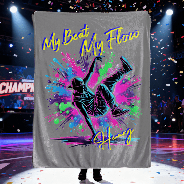 Spersonalizowany miękki koc z imieniem i nazwiskiem My Beat My Flow Color Gradient Graffiti Street Dance Silhouette Urodzinowy prezent świąteczny dla tancerzy