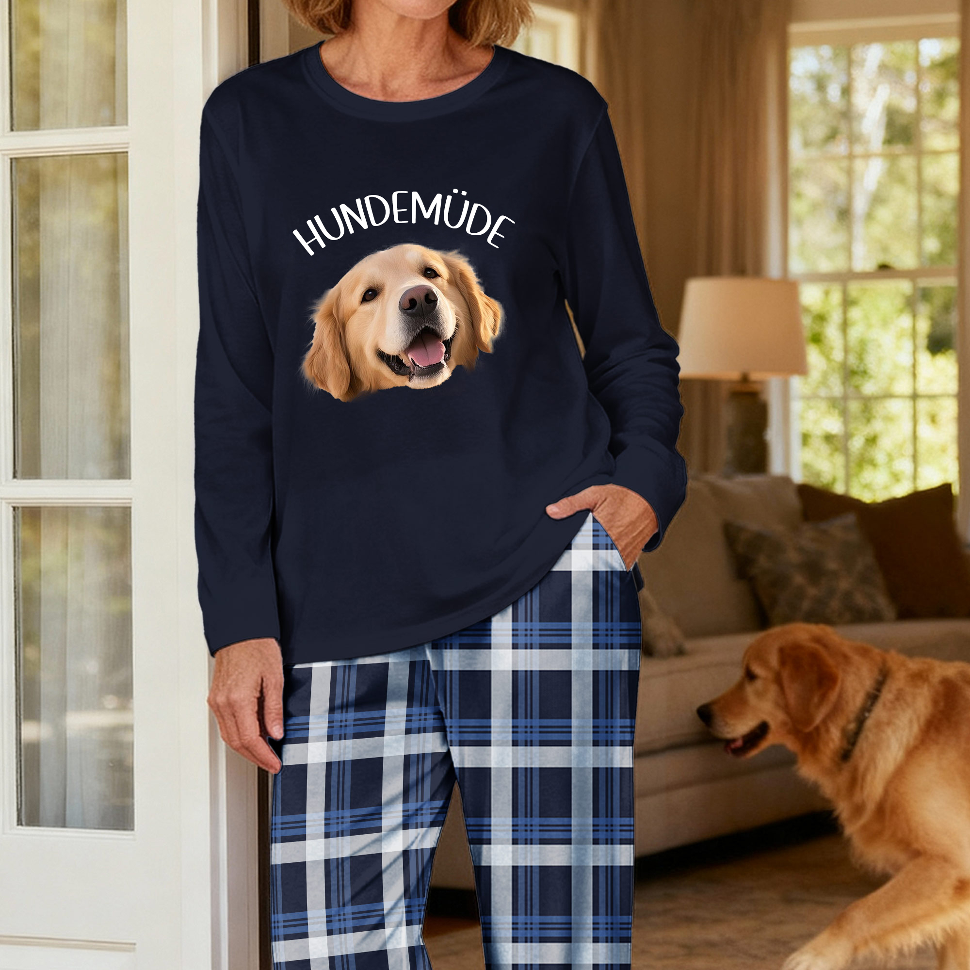 Personalisierter Schlafanzug mit Haustier-Foto und Wunschspruch | Pyjama-Oberteil | karierter Pyjamahose | Geschenk für Haustierbesitzer Frauen