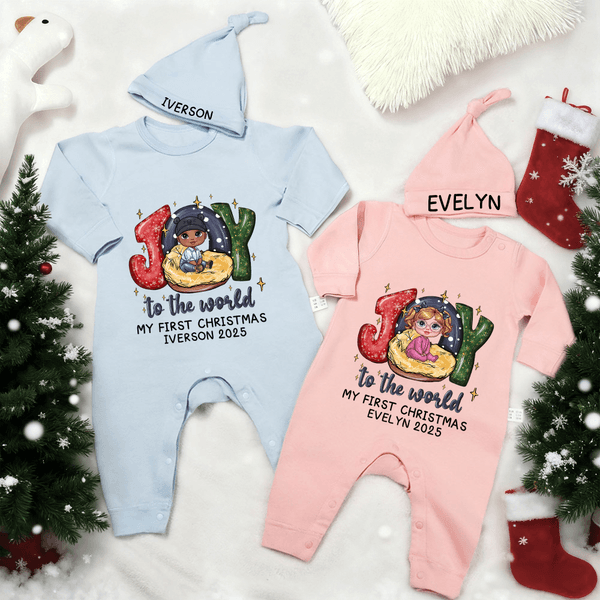 Personalized Joy To The World My First Christmas 100% Cotton Baby Romper Hat Set with Name and Year Christmas Gift for Newborns New Parents
