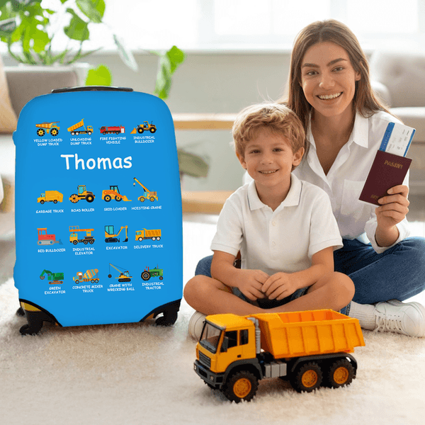 Personalized Multicolor Construction Truck Travel Luggage Cover Fits 18-32 Inches Suitcase with Name Travel Accessories Birthday Gift for Boys Girls