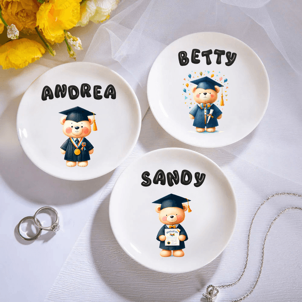 Personalized Cute Graduation Bear Ceramic Trinket Jewelry Dish with Bubble Name Home Decor Graduation Gift for Graduates