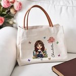 Sac Cabas en Toile Personnalisé avec Personnage de Lecture Dessin Animé Fleur de Naissance et Nom Cadeau d’Anniversaire pour Femmes Filles