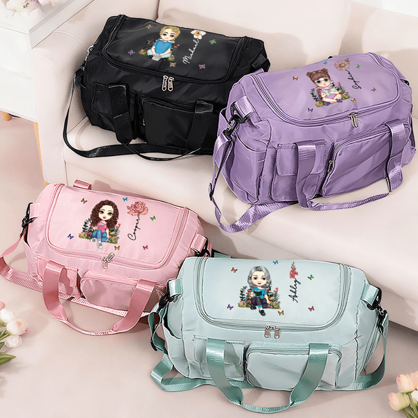 Personalised Cartoon Character Birth Flower Waterproof Large Travel Duffel Bag with Name Birthday Gift for Bookworms Sports Lovers