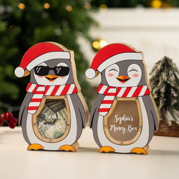 Salvadanaio in legno personalizzato con nome per bambini con cappello da Babbo Natale