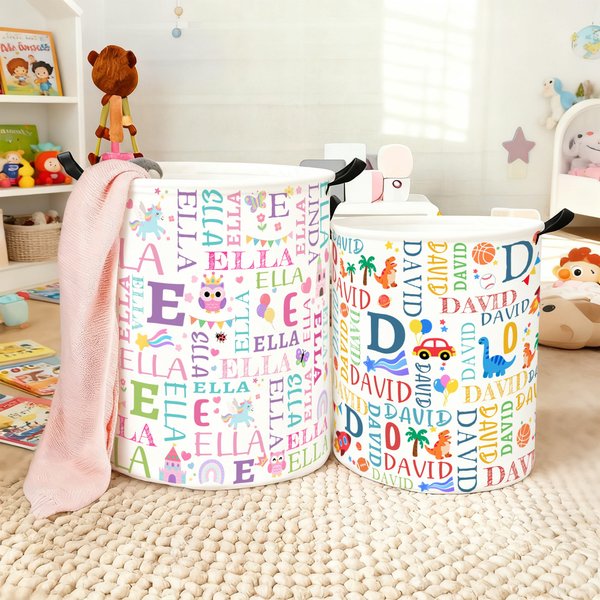 Personalized Fantasy Unicorn Dinosaur Word Cloud Large Waterproof Laundry Basket with Name and Initial Christmas Birthday Gift for Boys Girls