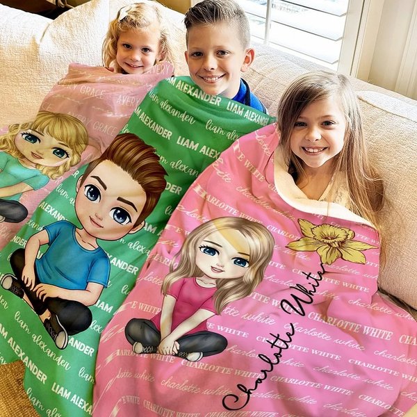 Coperta morbida personalizzata con personaggio in stile cartone animato nome e fiore di nascita regalo perfetto per compleanni o Natale per bambini