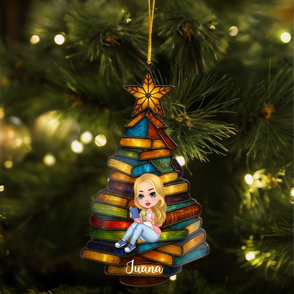 Adorno navideño de acrílico personalizado con personaje de lectura y nombre decoración navideña regalo de Navidad para mujeres y amantes de los libros