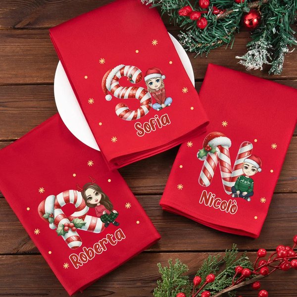 Tovagliolo natalizio personalizzato in 100% cotone con cappello di Natale iniziale e personaggio regalo per famiglia