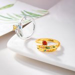 Personalized Colorful Feather Leaf Birthstone Adjustable Open Ring with Text Dainty Jewelry Daily Wear Birthday Anniversary Gift for Her