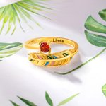 Personalized Colorful Feather Leaf Birthstone Adjustable Open Ring with Text Dainty Jewelry Daily Wear Birthday Anniversary Gift for Her