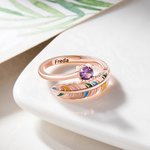 Personalized Colorful Feather Leaf Birthstone Adjustable Open Ring with Text Dainty Jewelry Daily Wear Birthday Anniversary Gift for Her