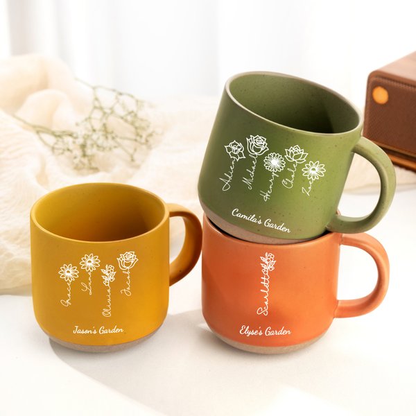 Personalized 1-6 Birth Flowers Line Art 12 oz Ceramic Mug with Name and Text Anniversary Birthday Christmas Gift for Family
