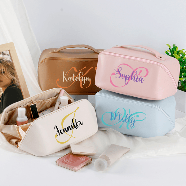 Personalized Initial PU Leather Makeup Bag with Name Travel Accessories Birthday Anniversary Gift for Her