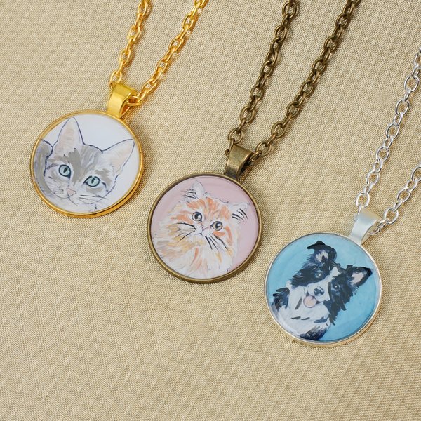 Personalised Hand-Drawn Watercolour Miniature Pet Photo Painting Necklace Birthday Memorial Christmas Gift for Pet Lovers Owners