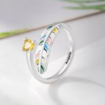 Personalized Colorful Feather Leaf Birthstone Adjustable Open Ring with Text Dainty Jewelry Daily Wear Birthday Anniversary Gift for Her