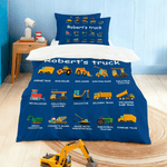 Personalised Multicolour Construction Lorry Soft Duvet Cover and 2 Pillow Covers Bedding Set with Name Christmas Gift for Boys Lorry Lovers Kids