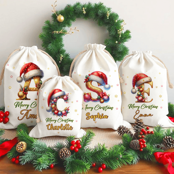 Chapeau de Père Noël personnalisé avec le nom de l'enfant Sac cadeau à cordon avec le nom de l'enfant Fête de Noël pour les filles Garçons Enfants
