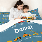 Personalised Multicolour Construction Lorry Soft Duvet Cover and 2 Pillow Covers Bedding Set with Name Christmas Gift for Boys Lorry Lovers Kids