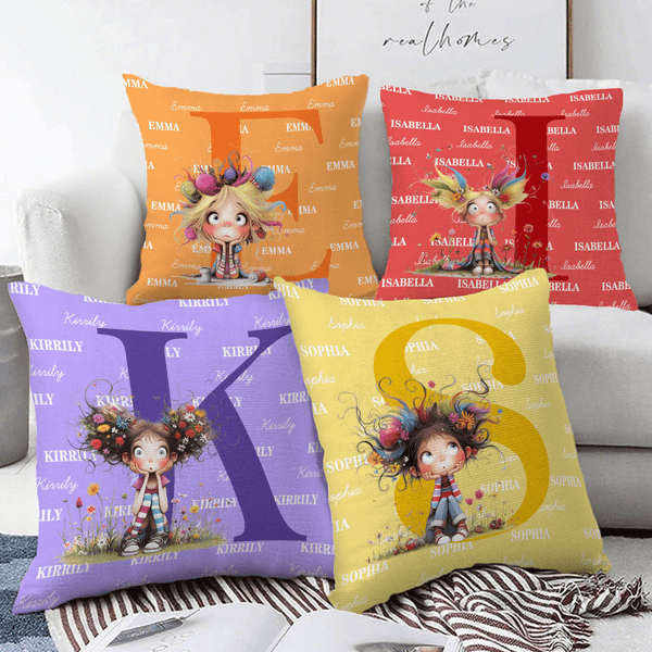 Personalised Multicolour Cute Cartoon Quirky Girl Soft Cushion Cover with Name and Initial Home Decor Birthday Children's Day Gift for Girls