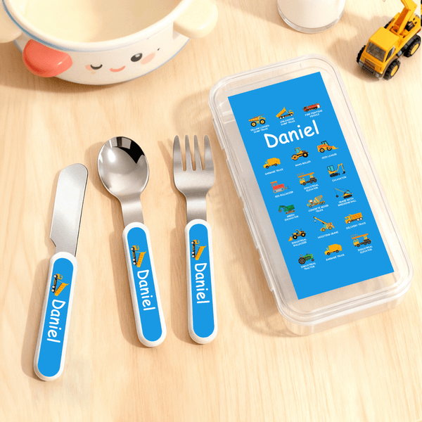 Personalised Multicolour Construction Lorry Safe Stainless Steel Fork Spoon Knife 3 Pcs Cutlery Set with Name and Case Birthday Gift for Boys Girls