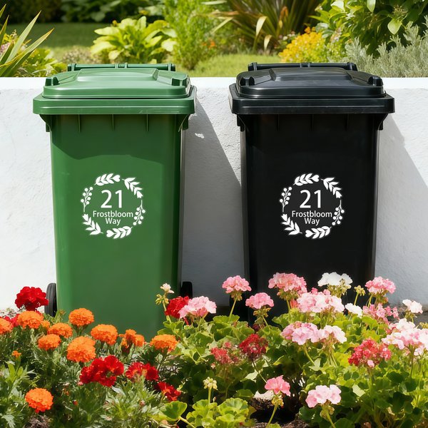 Personlig sett med 4 blomster sirkel Wheelie Bin klistremerker med gatenavn og husnummer Housewarming Bursdagsgave til familie og venner