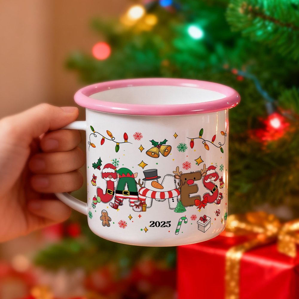 Henkilökohtainen Santa Claus Snowman Elf Poro Design 12 oz emali muki nimellä Päivittäinen käyttö joululahja pojille tytöille 3