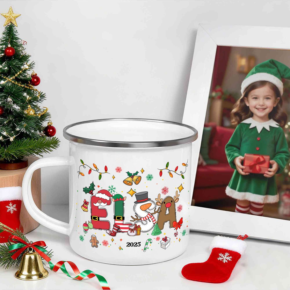 Henkilökohtainen Santa Claus Snowman Elf Poro Design 12 oz emali muki nimellä Päivittäinen käyttö joululahja pojille tytöille 5